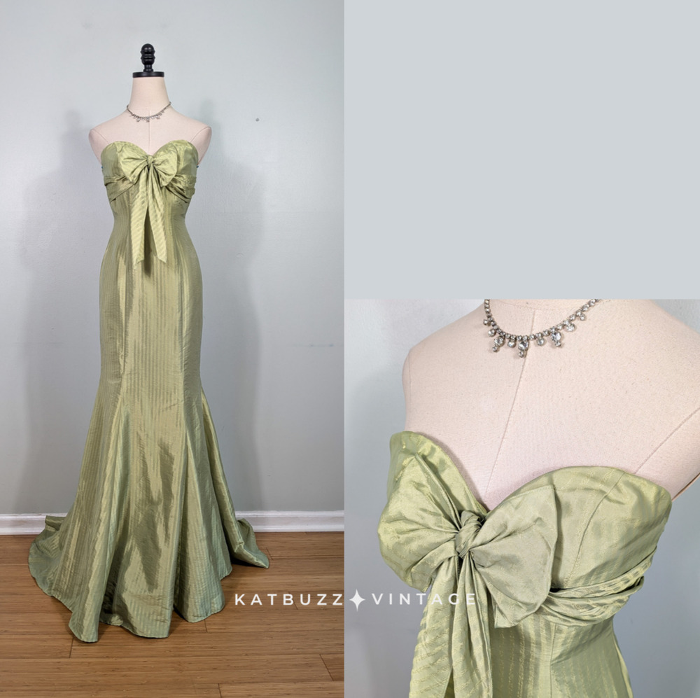 Vintage Jovani Prom Dress Maxi Gown 0 Green Y2K Princess Babydoll Bow Coquette